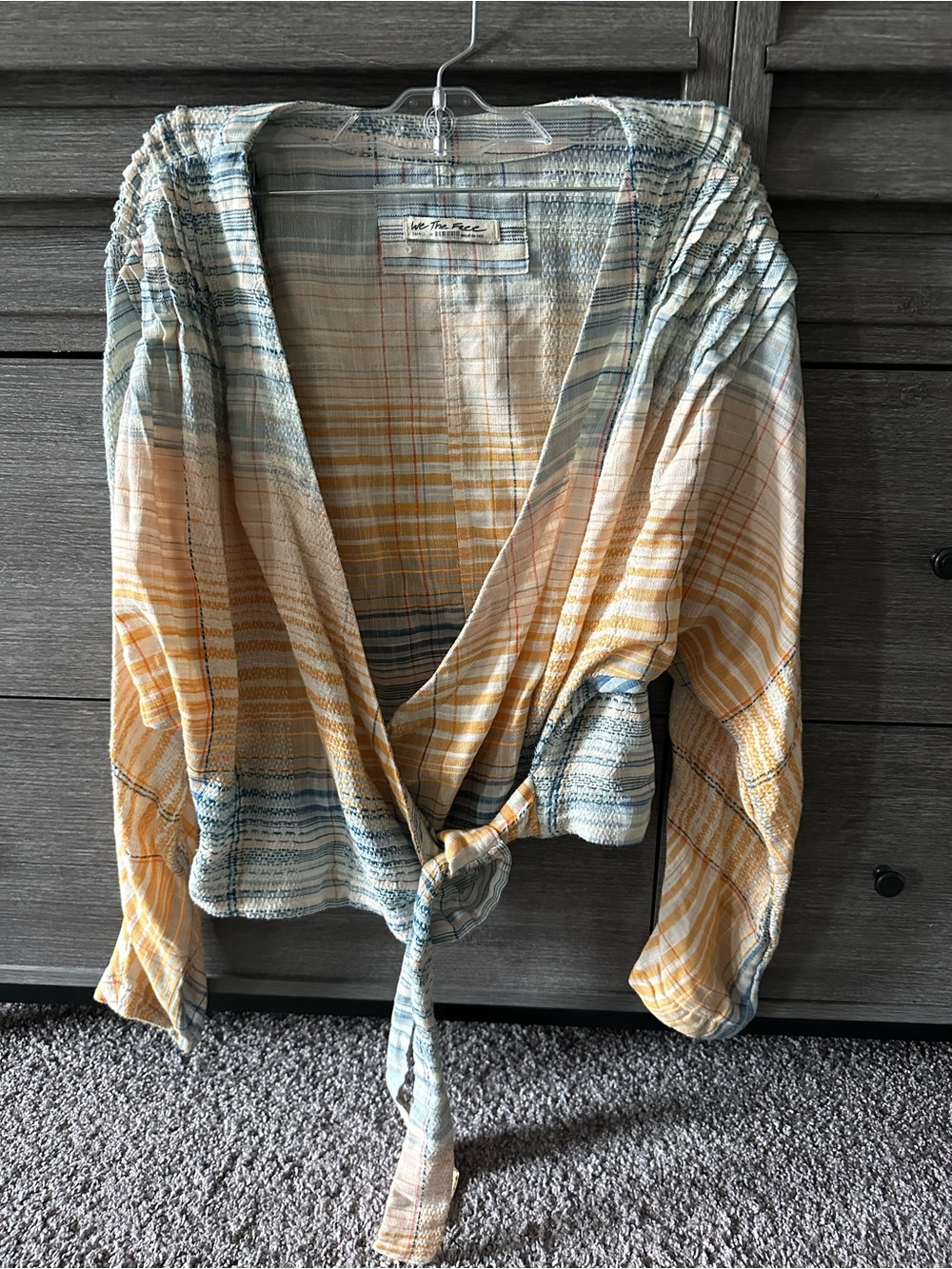 We The Free Plaid Tie-Front Top in Cream, Blue & Gold